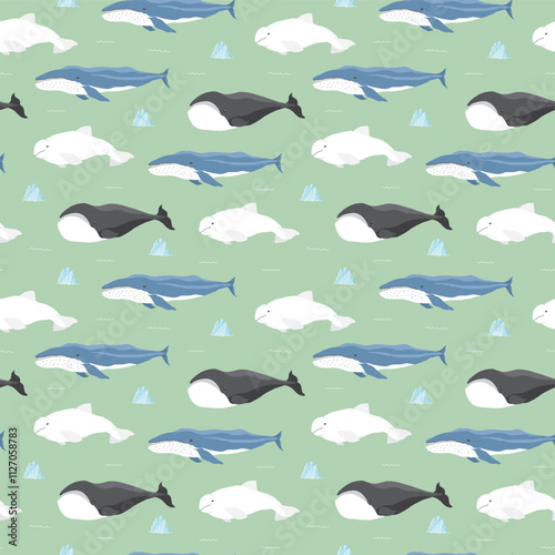 Polar sea animals seamless pattern. Cute Cartoon arctic animals, marine animals and fish, background. Vector Illustration.