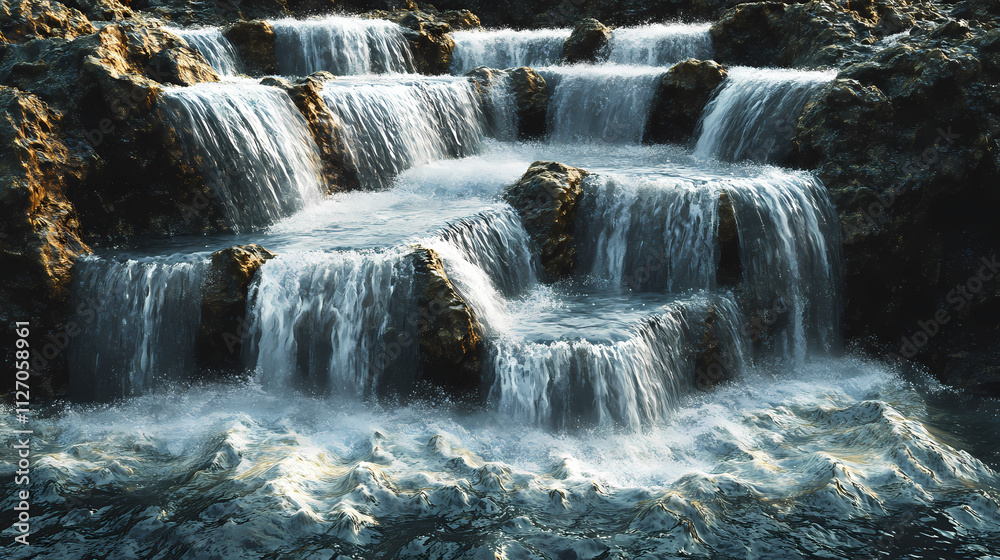 Hyperreal view of a cascading series of waterfalls. Cascade. Illustration Hyperreal view of a cascading series of waterfalls. Cascade. Illustration