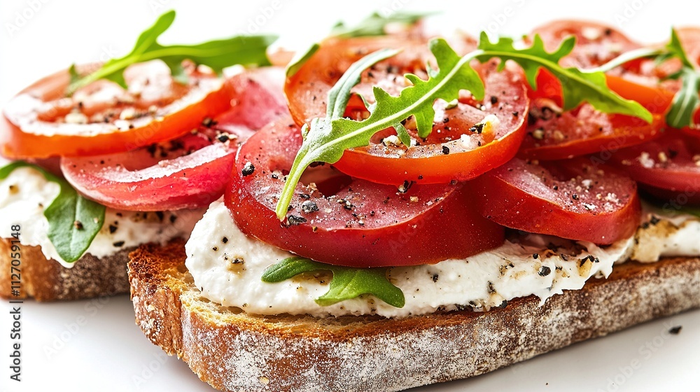 Close-up of an open-faced sandwich showing detailed textures and vibrant toppings. Close-up of an open-faced sandwich showing detailed textures and vibrant toppings.