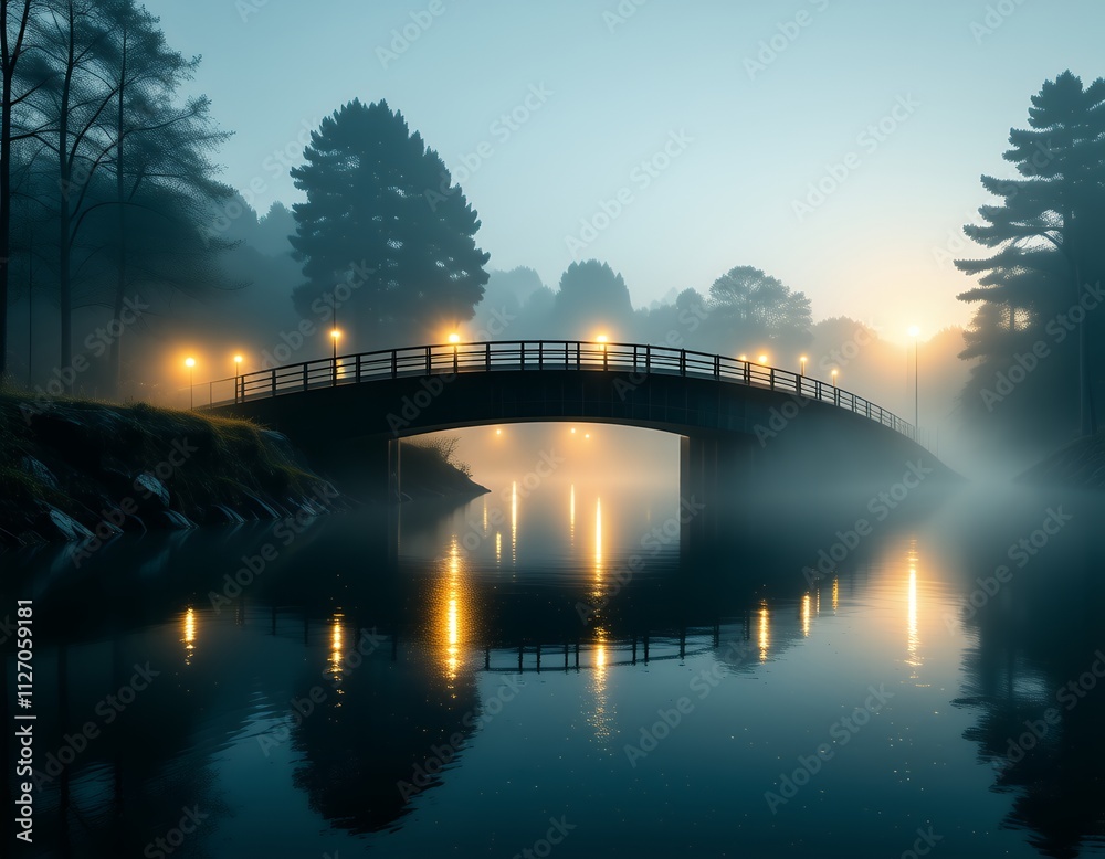 Misty Bridge at Dusk Calm River Illuminated Night Scene Misty Bridge at Dusk Calm River Illuminated Night Scene
