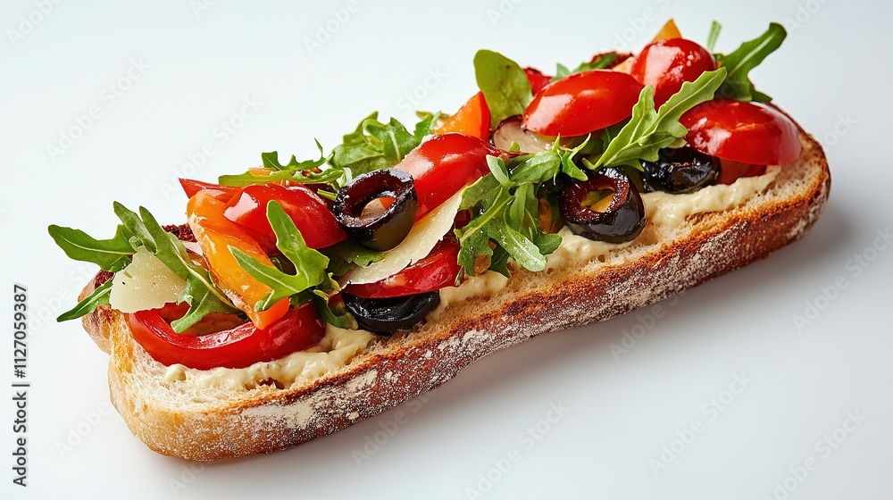 Close-up of an open-faced sandwich showing detailed textures and vibrant toppings. Close-up of an open-faced sandwich showing detailed textures and vibrant toppings.