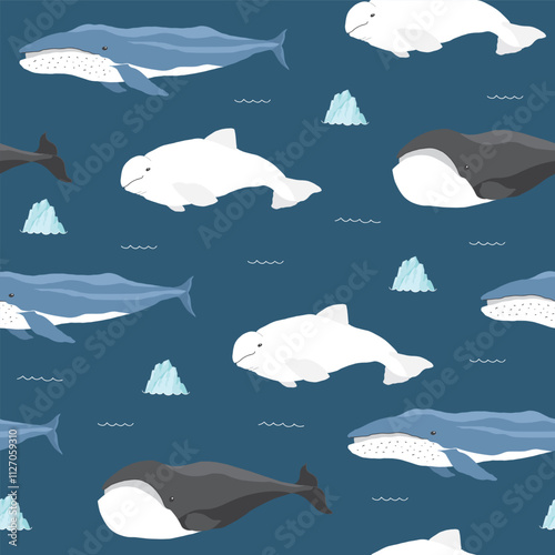Polar sea animals seamless pattern. Cute Cartoon arctic animals, marine animals and fish, background. Vector Illustration.