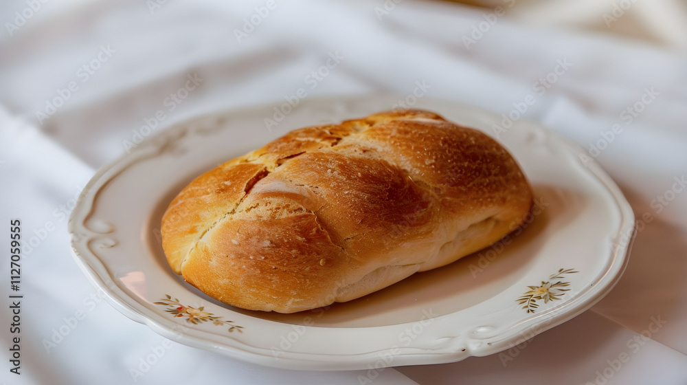 Golden-brown loaf of bread on a plate. Golden-brown loaf of bread on a plate.