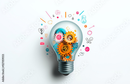 light bulb filled with colorful gears and creative icons symbolizes innovation and ideas. This vibrant image represents fusion of technology and creativity in business photo