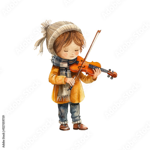 child playing violin vector illustration in watercolor style