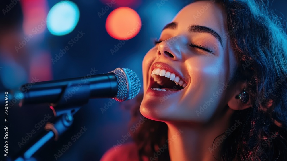 Young Woman Singing Joyfully into Microphone with Colorful Stage Lighting at a Live Performance Young Woman Singing Joyfully into Microphone with Colorful Stage Lighting at a Live Performance