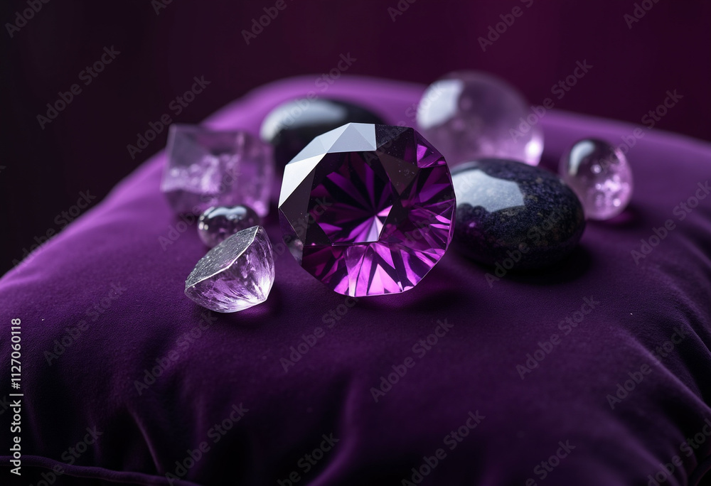 Amethyst gemstone on purple velvet cushion with precious stones. Amethyst gemstone on purple velvet cushion with precious stones.