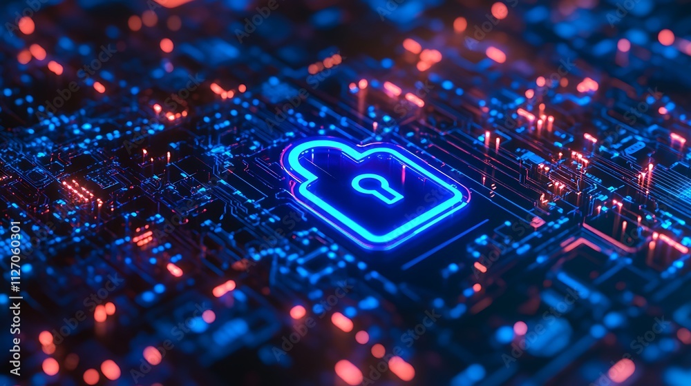 Fototapeta premium A digital lock symbol on a circuit board, representing cybersecurity and data protection.
