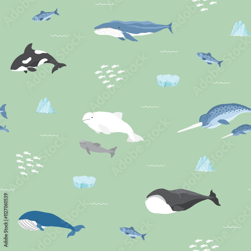 Polar sea animals seamless pattern. Cute Cartoon arctic animals, marine animals and fish, background. Vector Illustration.