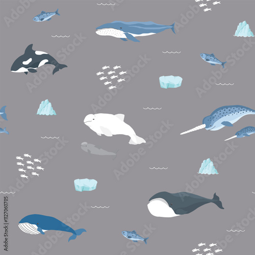 Polar sea animals seamless pattern. Cute Cartoon arctic animals, marine animals and fish, background. Vector Illustration.