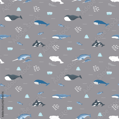 Polar sea animals seamless pattern. Cute Cartoon arctic animals, marine animals and fish, background. Vector Illustration.