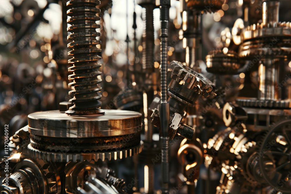 Fototapeta premium Polished metal cogs and bolts suspended in mid-air, casting bold reflections on dark steel