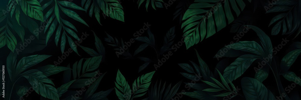 Dark pattern with lush exotic leaves, creating a mysterious and exotic atmosphere, background, tropical, botanical Dark pattern with lush exotic leaves, creating a mysterious and exotic atmosphere, background, tropical, botanical