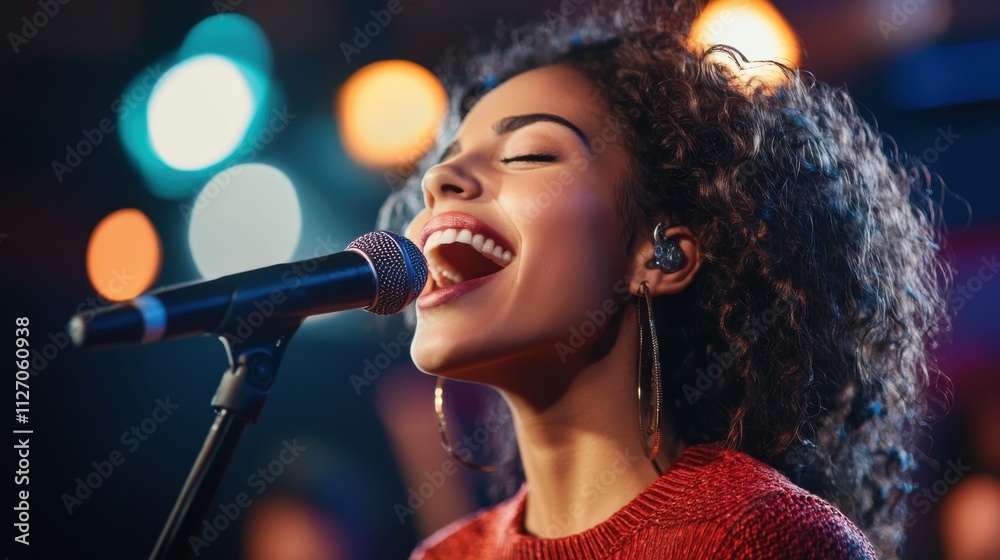Energizing Performance of Young Woman Singing Passionately into a Microphone on a Colorful Stage