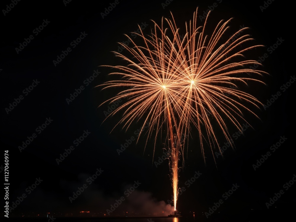 Fireworks exploding over dark water illuminating night sky Fireworks exploding over dark water illuminating night sky