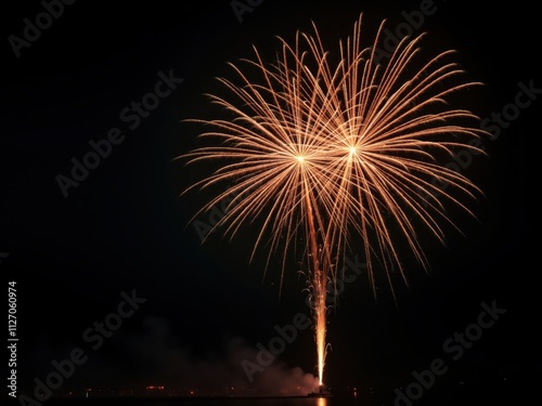 Fireworks exploding over dark water illuminating night sky