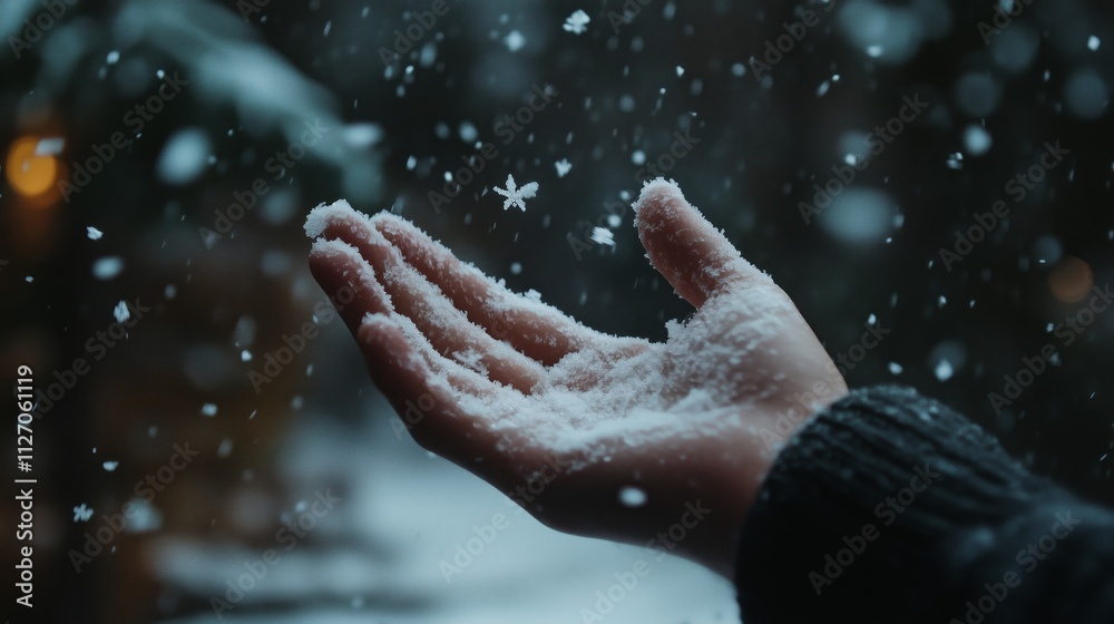Fototapeta premium A hand catching falling snow.