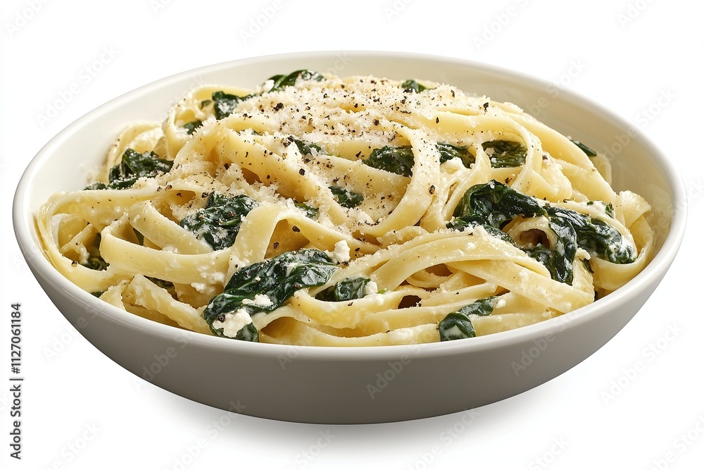 A bowl of spinach ricotta pasta featuring al dente fettuccine tossed with creamy ricotta, sautÃed spinach, and a sprinkle of grated parmesan, garnished with freshly cracked black pepper. A bowl of spinach ricotta pasta featuring al dente fettuccine tossed with creamy ricotta, sautÃed spinach, and a sprinkle of grated parmesan, garnished with freshly cracked black pepper.