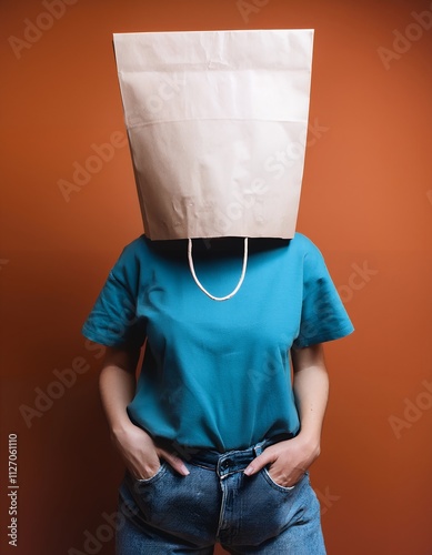 A person with a paper bag over their head, wearing a teal shirt and jeans, stands against an orange background. The image is mysterious and somewhat unsettling. photo