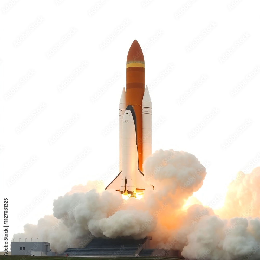 Space shuttle launch with smoke and flames, isolated on white background, high detail PNG transparent.