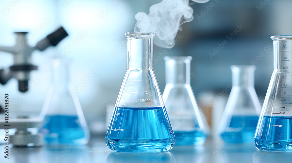 set of glass beakers filled with blue liquid and steam rising, showcasing laboratory environment. scene conveys sense of scientific exploration and experimentation set of glass beakers filled with blue liquid and steam rising, showcasing laboratory environment. scene conveys sense of scientific exploration and experimentation
