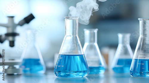 set of glass beakers filled with blue liquid and steam rising, showcasing laboratory environment. scene conveys sense of scientific exploration and experimentation