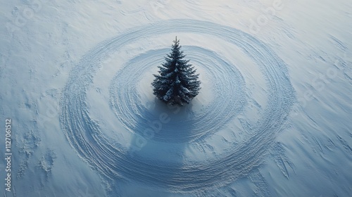 Aerial abstraction of a minimal Christmas tree surrounded by circular trails in the snow, giving a unique artistic touch. Cinematic Scene 4k resolution, cinematic scene photo