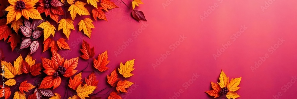 Naklejka premium Dry orange metallic leaves arranged in a beautiful pattern on a vibrant violet background, vivid, artistic, background