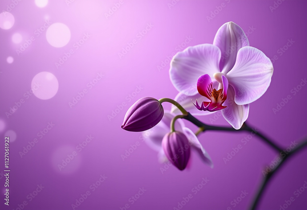 Obraz premium A single purple orchid in bloom elegantly displayed against a soft purple backdrop.