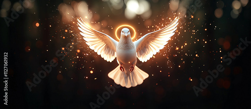 white dove flies gracefully in dark forest, surrounded by glowing particles. scene evokes sense of peace and serenity, highlighting dove beauty and elegance photo