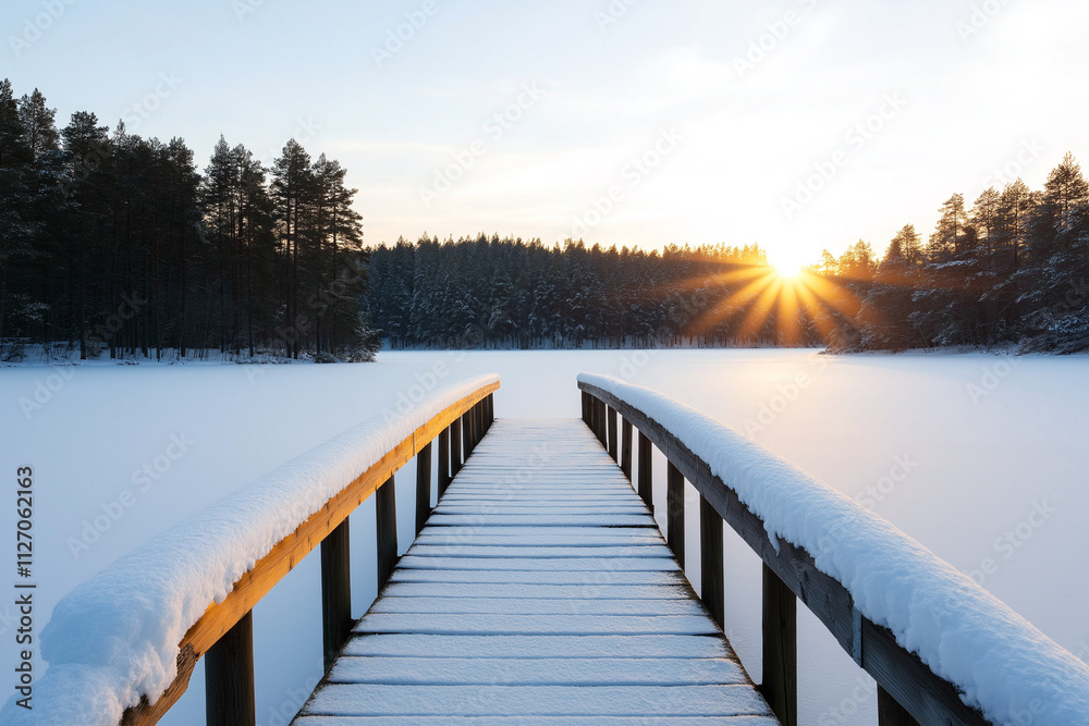 Naklejka premium serene wooden bridge stretches over snow covered lake, surrounded by tall trees. sun rises in background, casting warm glow over winter landscape, creating peaceful atmosphere