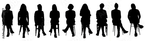 front view silhouette of a group of women sitting on a chair with their legs crossed