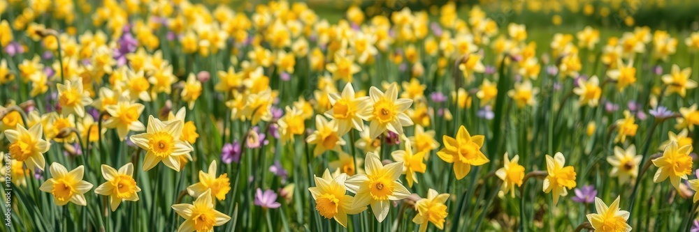 Field of vibrant yellow daffodil flowers swaying in the wind on a sunny day, nature, bloom, natural Field of vibrant yellow daffodil flowers swaying in the wind on a sunny day, nature, bloom, natural