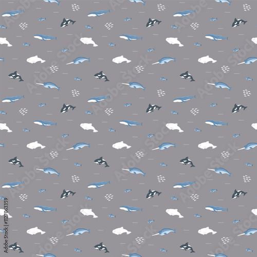 Polar sea animals seamless pattern. Cute Cartoon arctic animals, marine animals and fish, background. Vector Illustration.