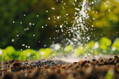 Fertilizer being sprinkled on soil with blurred backgroundgarden photo