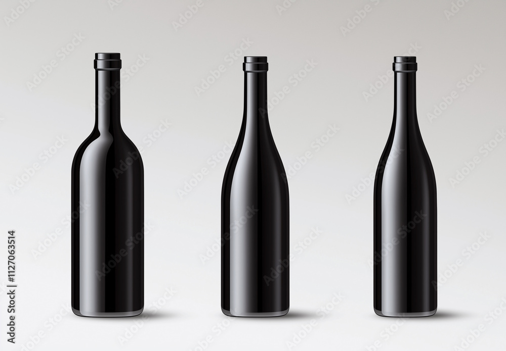 Black wine bottle set featuring three elegant designs, perfect for showcasing premium beverages. Ideal for branding and marketing purposes