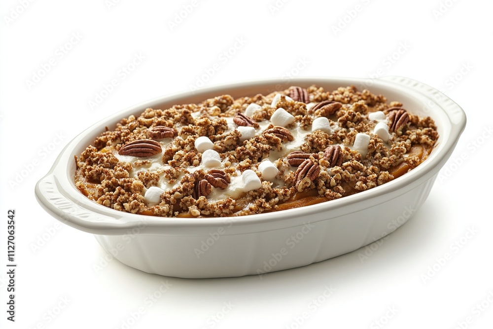 Sweet potato casserole topped with marshmallows and pecan crumble. Sweet potato casserole topped with marshmallows and pecan crumble.