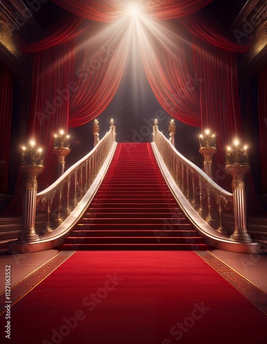 A majestic red carpet leads up a grand staircase in a palace. The opulent interior is bathed in warm light.