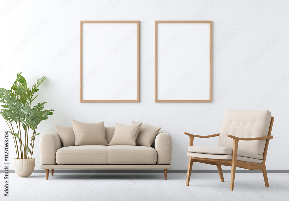 Modern living room with beige sofa, armchair, and indoor plant Modern living room with beige sofa, armchair, and indoor plant