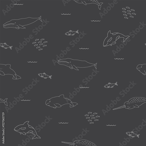 Polar sea animals seamless pattern. Cute Cartoon arctic animals, marine animals and fish, background. Vector Illustration.