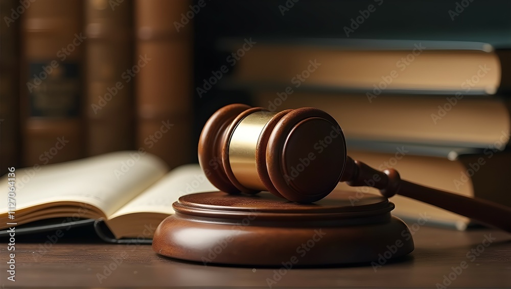 Obraz premium Justice: A gavel rests on a wooden block, symbolizing law, order, and the pursuit of fairness in a courtroom setting. Books and documents nearby add to the legal atmosphere.