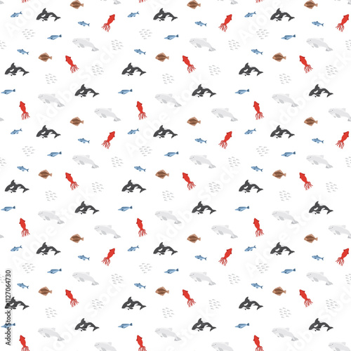 Polar sea animals seamless pattern. Cute Cartoon arctic animals, marine animals and fish, background. Vector Illustration.