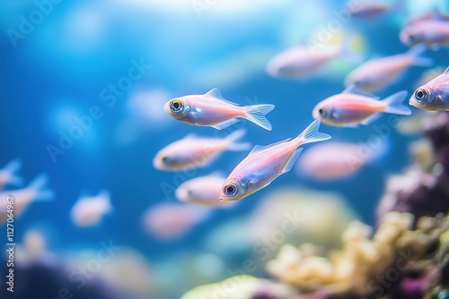 school of small fish swimming together in synchronized movement near coral reef photo