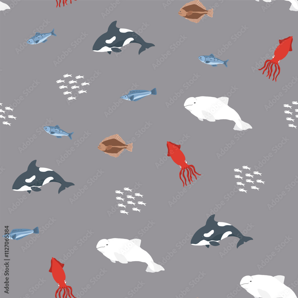 Fototapeta premium Polar sea animals seamless pattern. Cute Cartoon arctic animals, marine animals and fish, background. Vector Illustration.