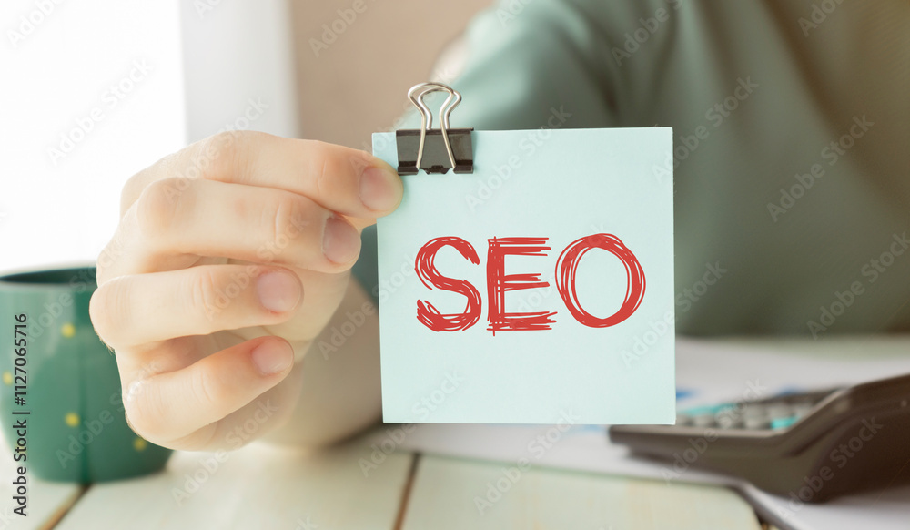 Closeup on businessman holding a card with text SEO SEARCH ENGINE OPTIMIZATION, business concept image with soft focus background and vintage tone Closeup on businessman holding a card with text SEO SEARCH ENGINE OPTIMIZATION, business concept image with soft focus background and vintage tone