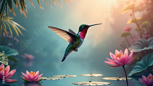 Majestic Long-Billed Starthroat Hummingbird in Flight over Tranquil Dawn Pond with Pink Water Lilies and Lush Tropical Foliage photo