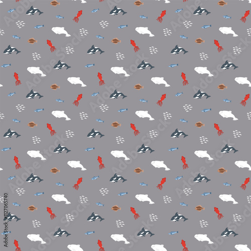Polar sea animals seamless pattern. Cute Cartoon arctic animals, marine animals and fish, background. Vector Illustration.