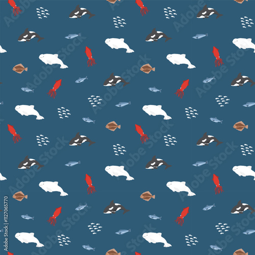 Polar sea animals seamless pattern. Cute Cartoon arctic animals, marine animals and fish, background. Vector Illustration.