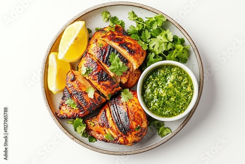 A plate of vibrant tandoori chicken with charred, smoky edges, garnished with fresh cilantro and lemon wedges, served with a side of mint chutney.
