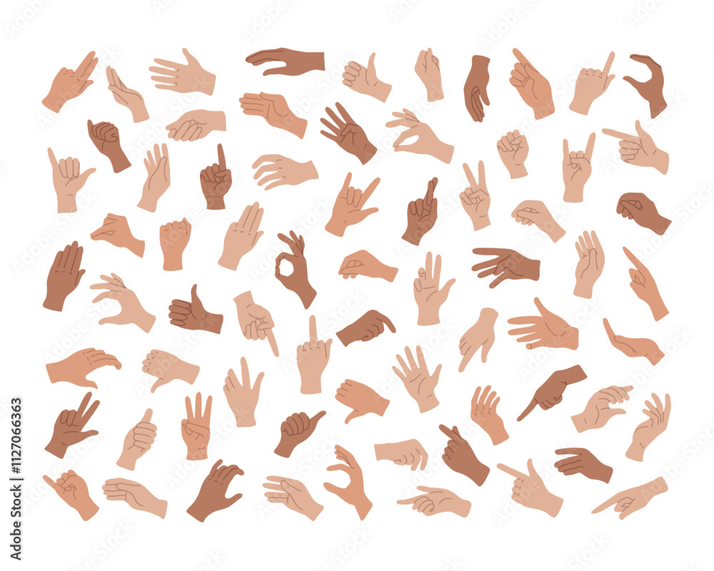 Human hand gestures with fingers in diversity. Arms show non-verbal elements of communication. Body language, various communicative symbols. Set of isolated vector illustrations Human hand gestures with fingers in diversity. Arms show non-verbal elements of communication. Body language, various communicative symbols. Set of isolated vector illustrations